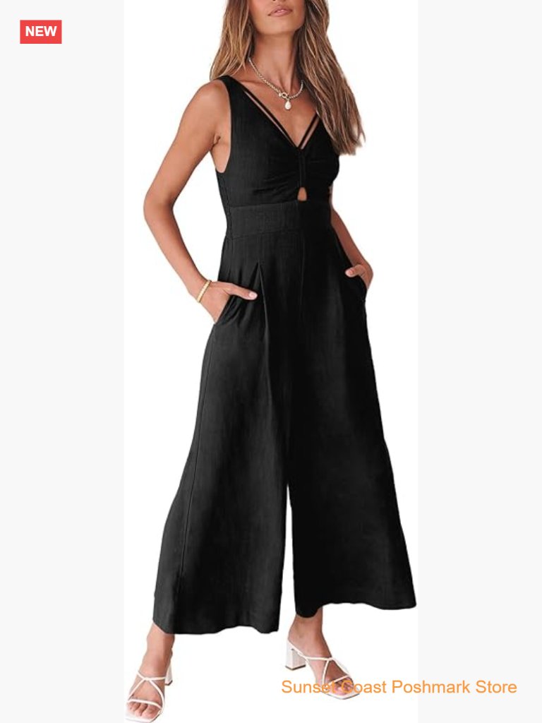 Linen Wide Leg Sleeveless V Neck Jumpsuit Romper With Pockets